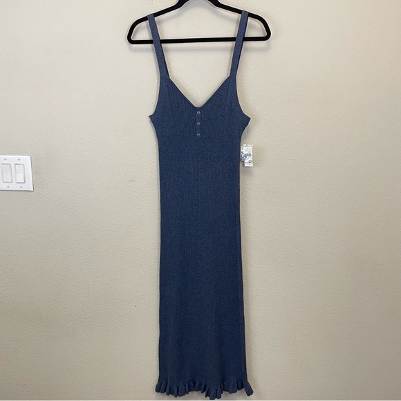 Anthropologie Daily Practice Blue Ribbed Ruffle Hem Slim Tank Dress Size L - Picture 3 of 12